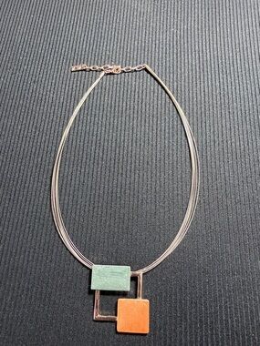 Rose Gold Multi-Strand Necklace with Green and Orange Square Pendants